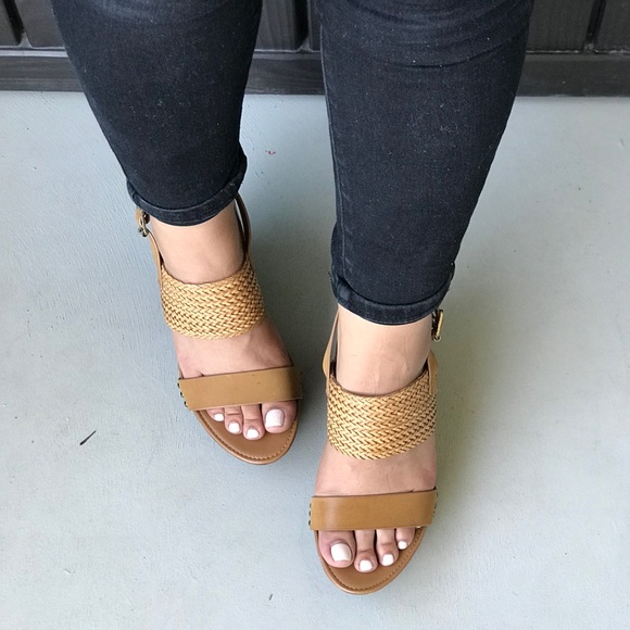 Tan Double Straps Chic Leather Platform Wedges - Picture 3 of 6